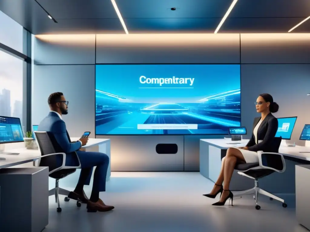 Profesionales innovadores en sesión de brainstorming en oficina futurista Un ambiente futurista en una oficina con profesionales diversificados, utilizando tecnología avanzada