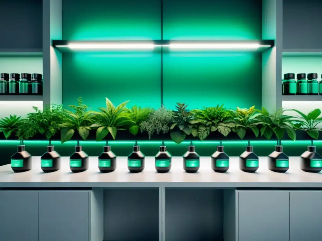 Lab innovador: nootrópicos seguros y potentes Un avanzado laboratorio futurista con equipamiento científico y nootrópicos seguros en envases minimalistas
