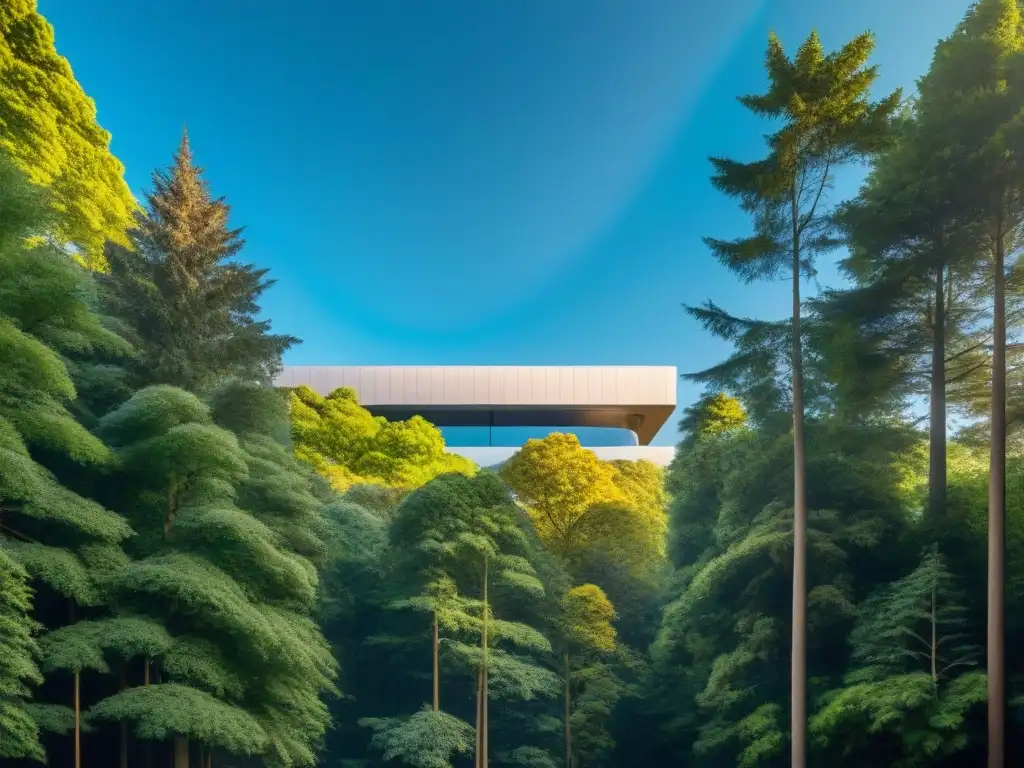 Edificio de cristal en bosque verde: equilibrio natural y tecnológico Un bosque exuberante y futurista con un edificio de vidrio moderno, reflejando la naturaleza