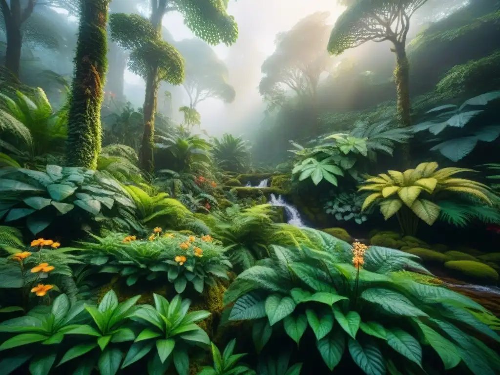 Exuberante bosque verde: naturaleza mística y colorida Bosque exuberante con luz filtrándose entre las copas de los árboles, plantas coloridas y mística neblina en el suelo