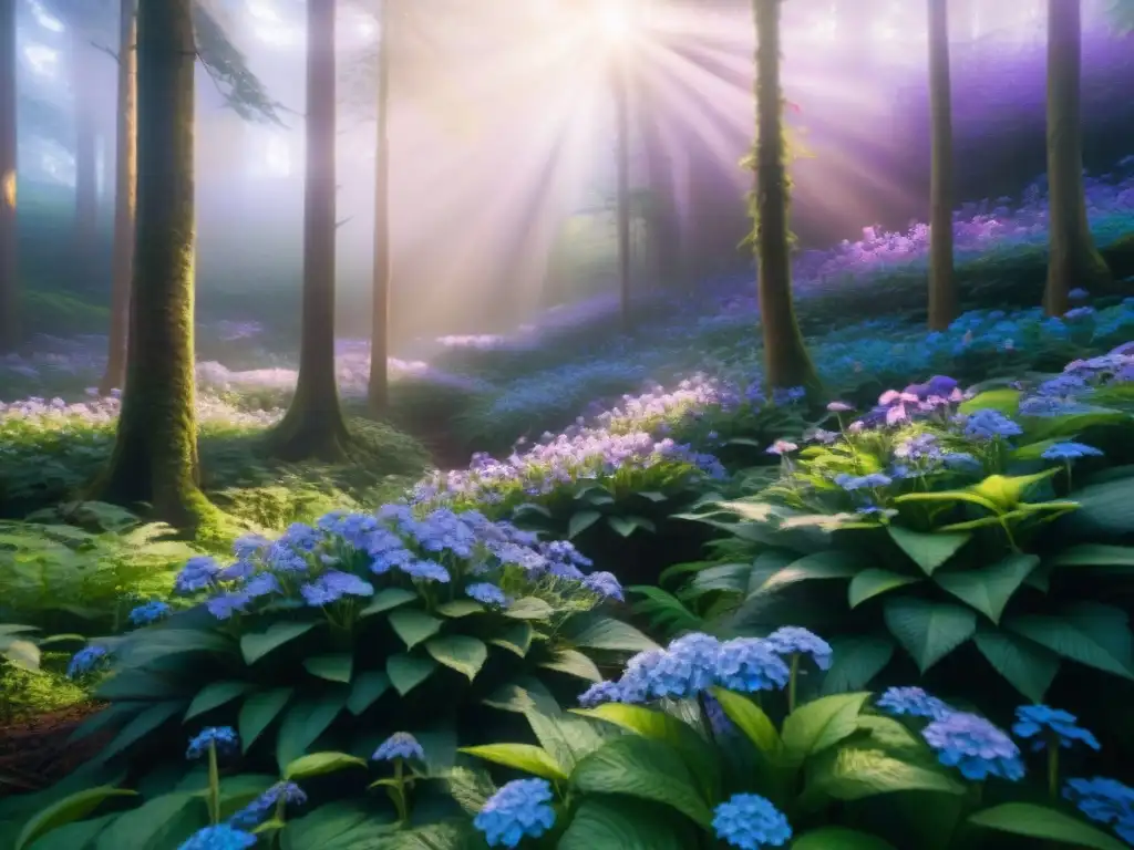 Bosque exuberante: vida y colores en alta definición Un bosque exuberante con luz solar filtrándose entre el dosel, revelando flores moradas y azules vibrantes en el suelo del bosque