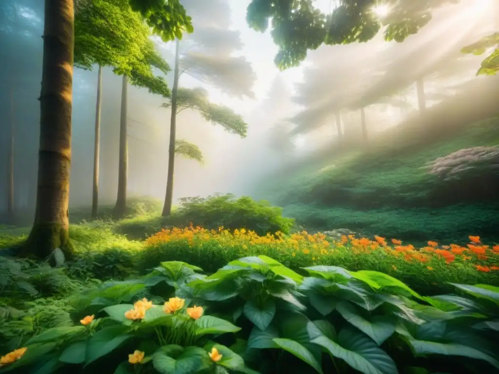 Bosque exuberante: naturaleza y serenidad Bosque verde exuberante, luz solar entre hojas, flores coloridas