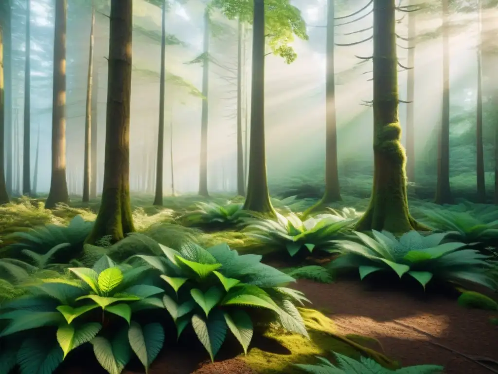 Bosque vibrante: luz y sombra en alta resolución Un bosque verde vibrante con luz solar filtrándose entre las hojas, exudando tranquilidad y belleza natural