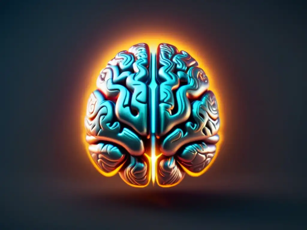 Brain futurista con patrones luminosos: mitos sobre nootrópicos Brillante cerebro futurista con patrones de circuitos, desmintiendo mitos comunes sobre nootrópicos