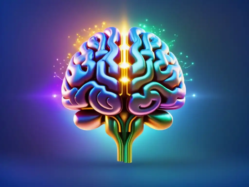 Brain futurista: conexión neural en ayuno intermitente y nootrópicos Un cerebro futurista brillante de circuitos y energía, simbolizando ayuno intermitente y nootrópicos