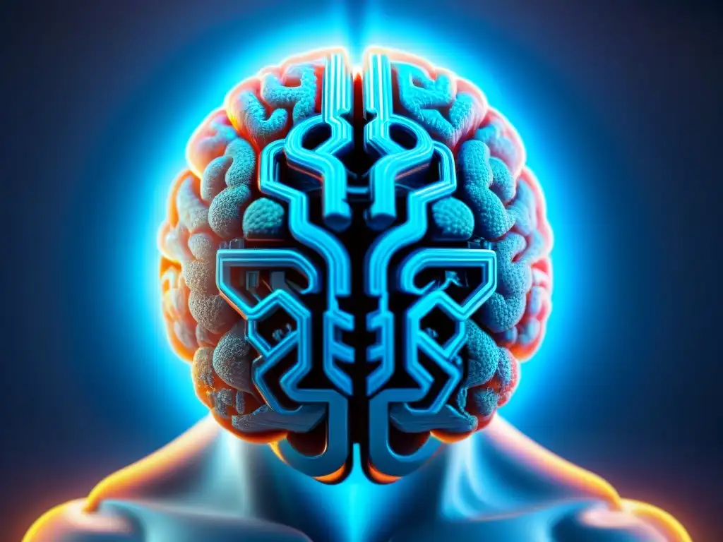 Cerebro futurista con patrones de circuitos brillantes Un cerebro futurista de circuitos brillantes en azul intenso, simbolizando concentración con nootrópicos para concentración intensa