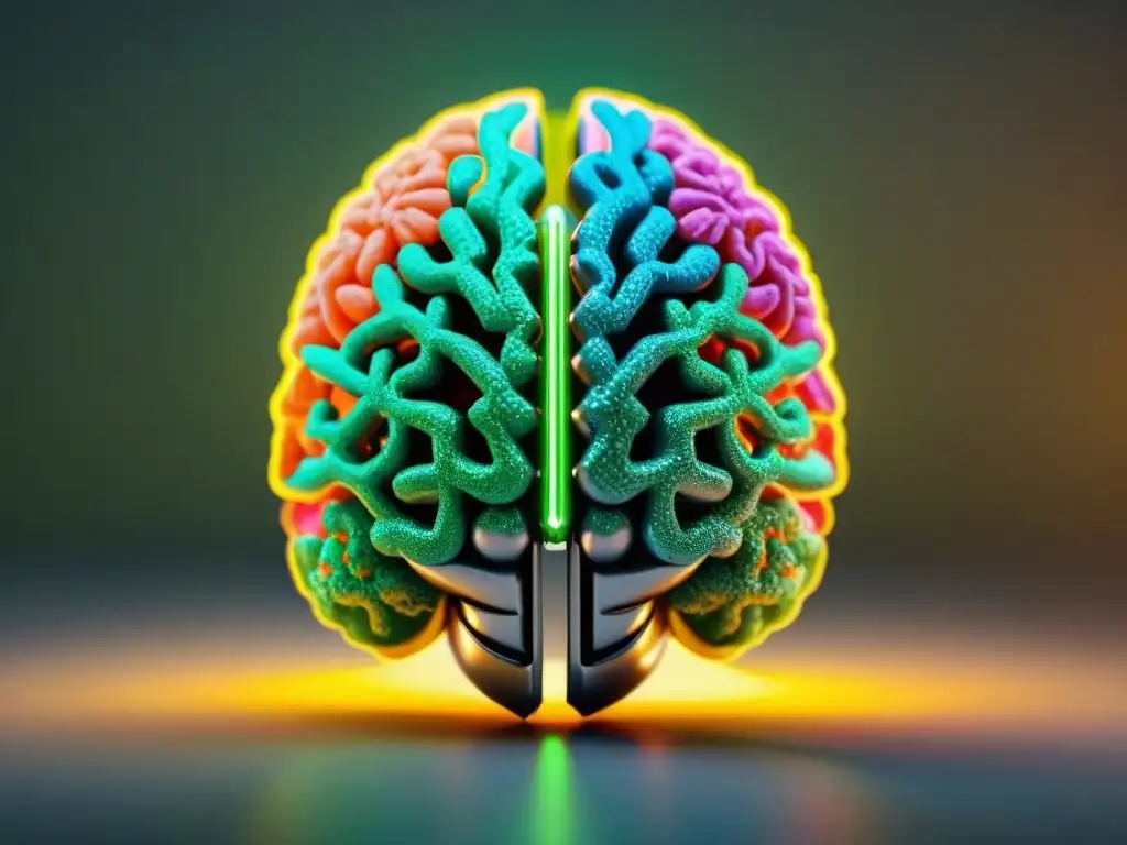 Brain: Naturaleza vs Tecnología - Nootrópicos en contraste Un cerebro futurista intrincado, mitad naturaleza y mitad tecnología, simboliza las diferencias entre nootrópicos naturales y sintéticos