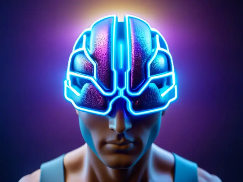 Brain futurista brillante: potencia mental con luces azules y moradas Un cerebro futurista luminoso, simbolizando claridad mental con nootrópicos en trastornos bipolares