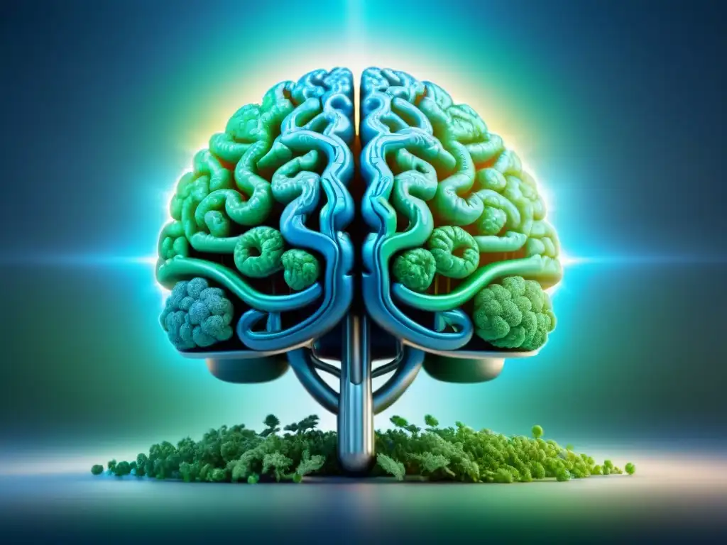 Brain futurista y vibrante en 8k: claridad mental y salud cerebral Un cerebro futurista rodeado de naturaleza, representando la prevención del declive cognitivo con nootrópicos