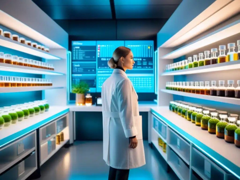 Lab Un científico mide nootrópicos naturales en un laboratorio futurista