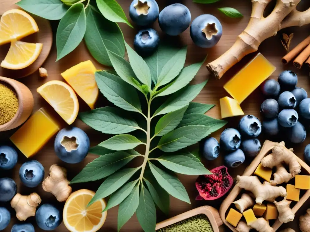 Raíz de jengibre y nootrópicos: sinergia para la mente Una composición vibrante de jengibre rodeado de alimentos saludables y nootrópicos coloridos, destacando la sinergia para combatir la fatiga mental