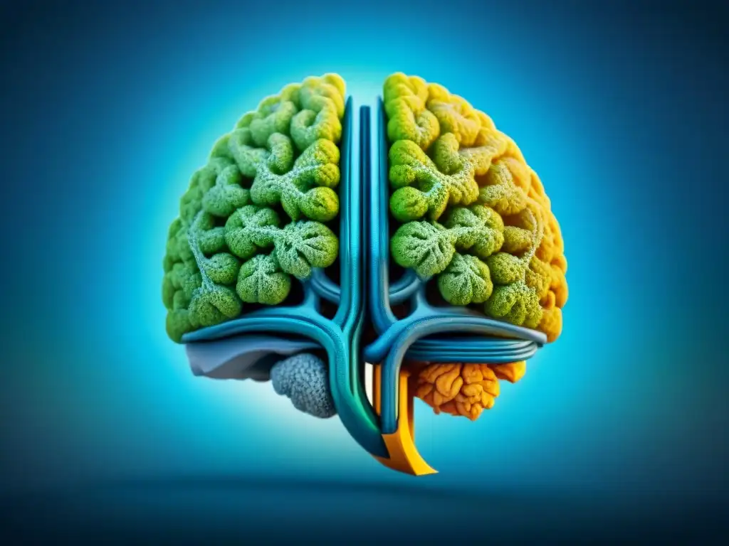 Red de conexiones neuronales: claridad mental con jengibre Ilustración detallada de conexiones neuronales en tonos azul y verde, simbolizando claridad mental con beneficios del jengibre para fatiga mental