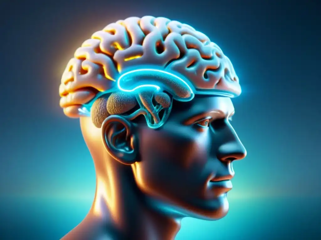 Imagen ultrarrealista de cerebro humano con nootrópicos Detallada imagen ultrarrealista de cabeza humana transparente con cerebro brillante, rodeada de nootrópicos