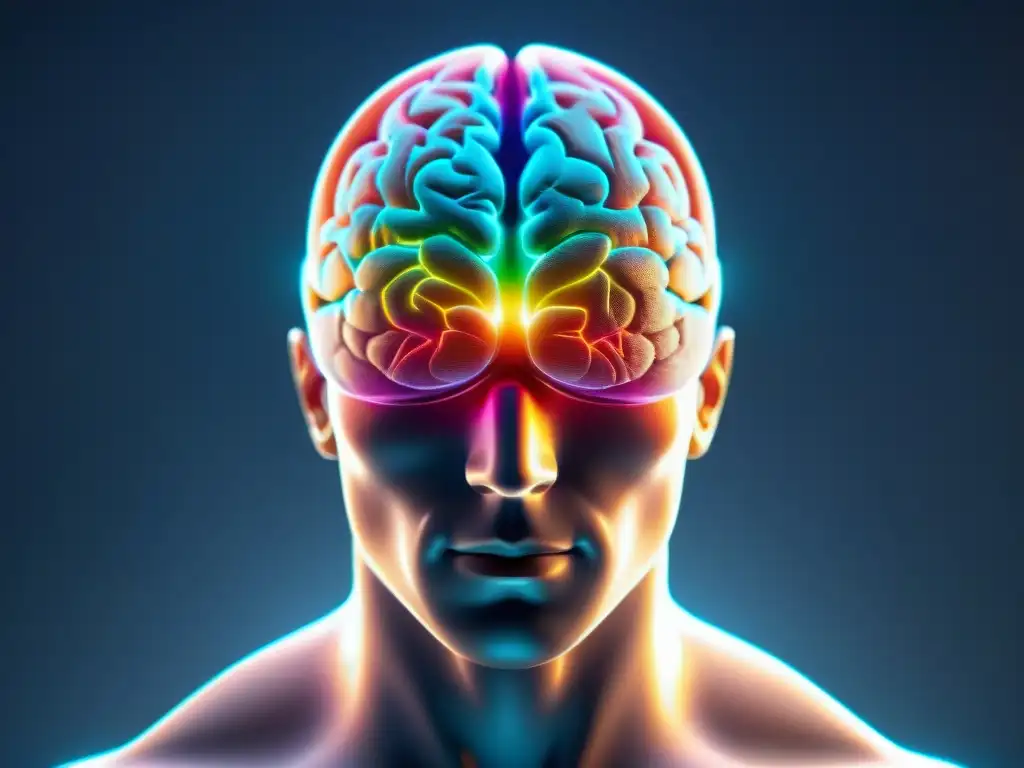 Brain nootrópico: mente brillante y futurista Representación detallada y realista de cabeza humana transparente con cerebro brillante, áreas iluminadas en colores variados