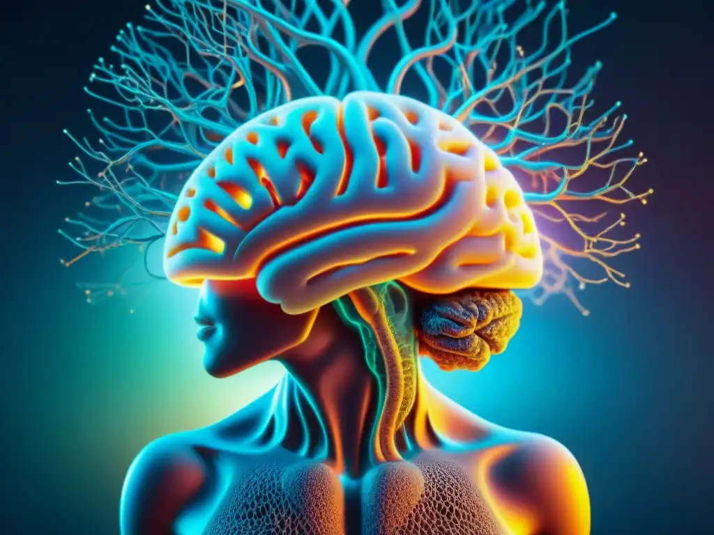 Red de neuronas brillantes: ilustración detallada de potenciación cognitiva Ilustración detallada de redes neuronales brillantes y estructuras cerebrales, simbolizando la mejora cognitiva en estudios nootrópicos