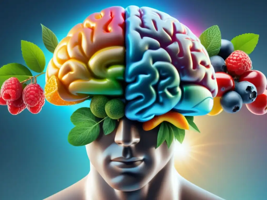 Brainfood vs Detalle de cerebro dividido: lado natural con frutas y sol vs lado sintético con estructuras metálicas y equipo de laboratorio