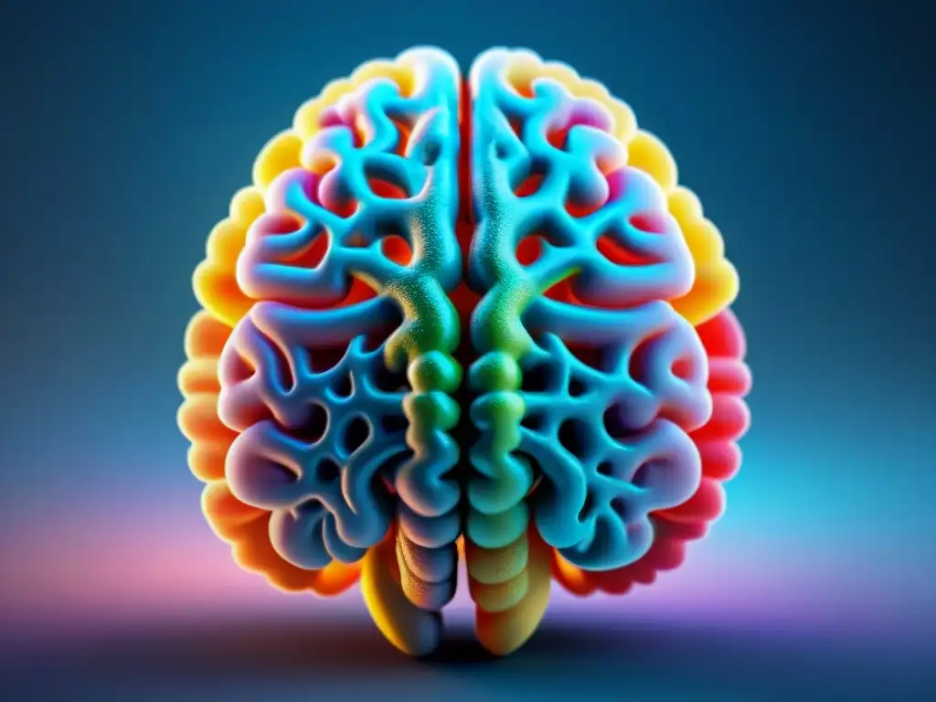 Explora la Belleza Cerebral: Detalles Vibrantes del Cerebro Humano Detalle ultrarrealista de un cerebro humano con conexiones neurales resaltadas en colores vibrantes, simbolizando la prevención del declive cognitivo con nootrópicos