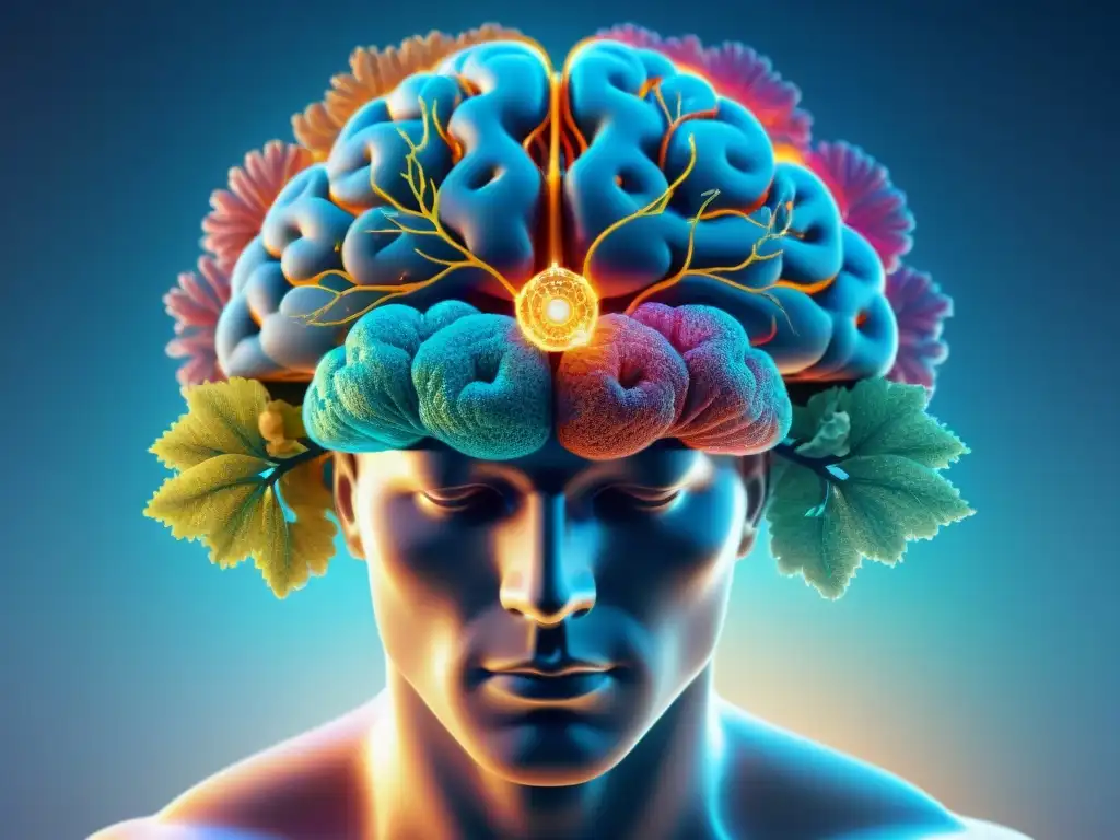 Activación cerebral: ilustración digital detallada con nootrópicos Ilustración digital detallada de una persona con cerebro transparente y conexiones neuronales brillantes, rodeada de nootrópicos
