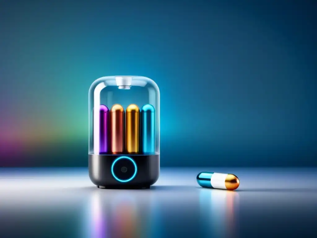 Dispensador futurista de nootrópicos en espacio minimalista Un dispensador futurista de pastillas nootrópicas rodeado de un moderno espacio de trabajo, mostrando una guía completa de nootrópicos seguros