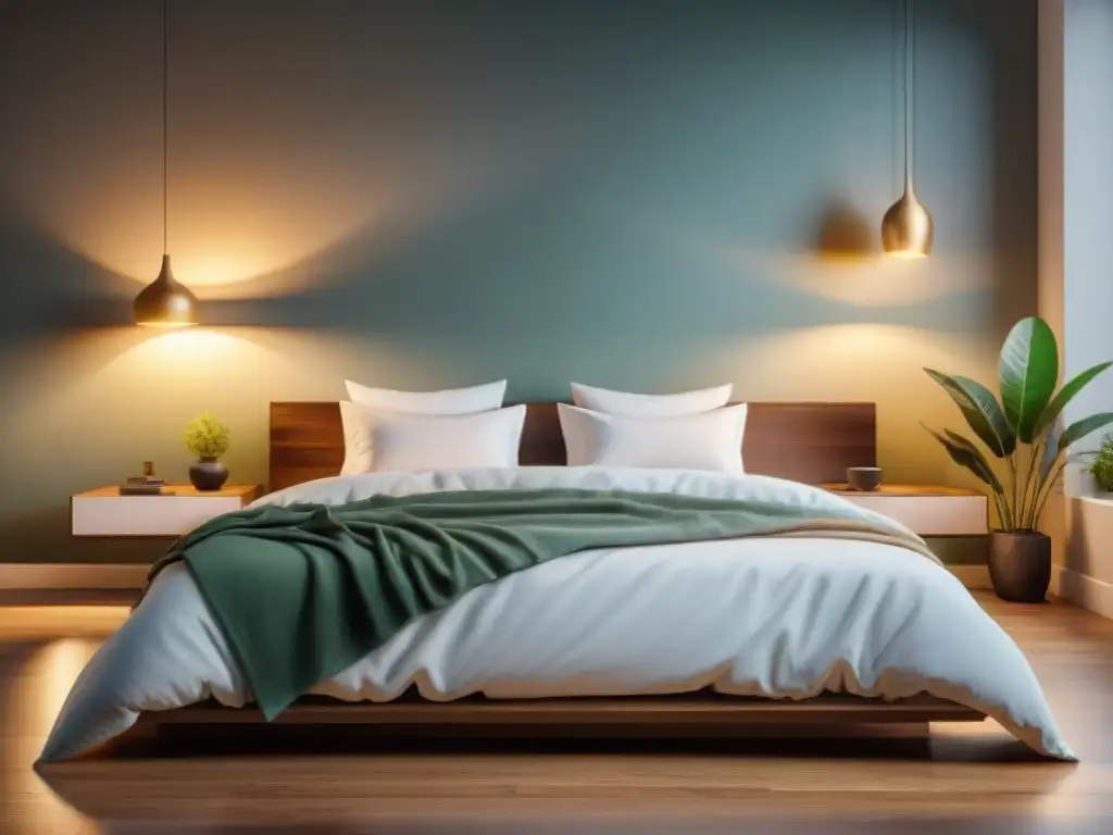 Suite minimalista: cama confortable, iluminación cálida y serenidad Un dormitorio moderno y minimalista, perfecto para un sueño efectivo con nootrópicos