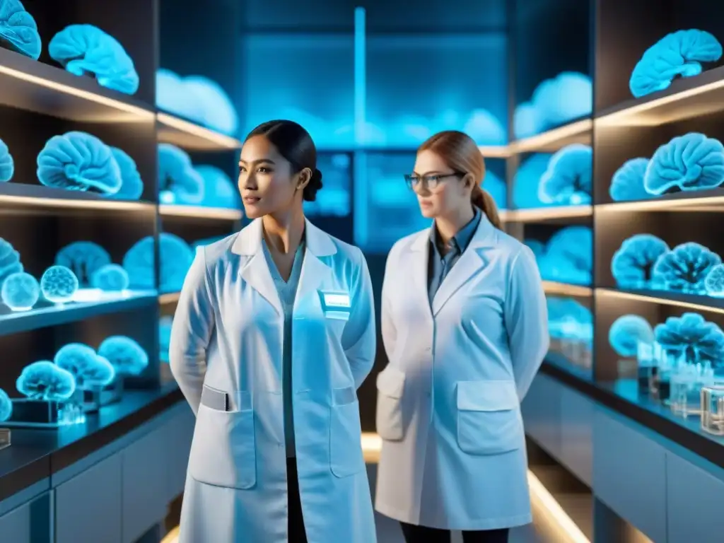 Equipo científico analizando escáneres cerebrales en laboratorio futurista Equipo de científicos en laboratorio futurista analizando datos de escáneres cerebrales