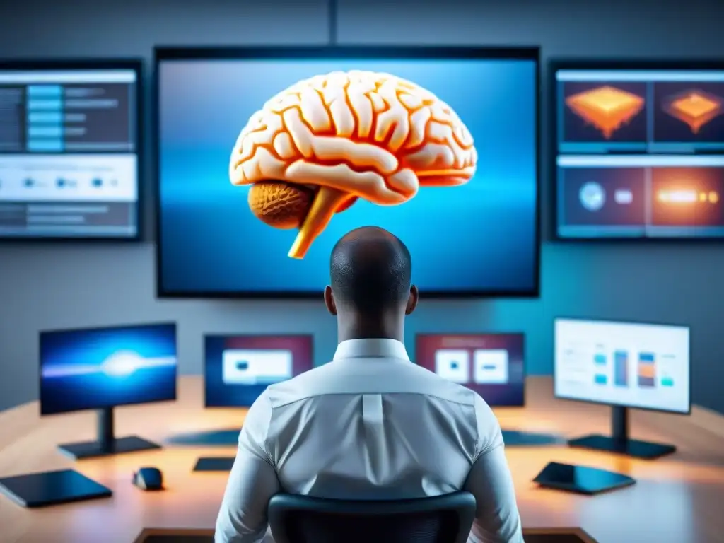 Profesionales innovadores colaborando en oficina moderna Un equipo diverso de profesionales colabora en una oficina moderna, rodeados de tecnología avanzada, mostrando funciones cerebrales