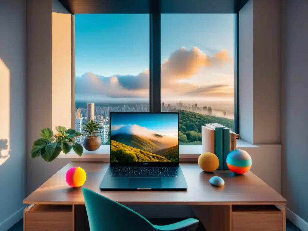 Oficina moderna con stacks nootrópicos para gestionar ansiedad Un espacio de trabajo moderno con stacks nootrópicos para ansiedad, rodeado de serenidad y productividad