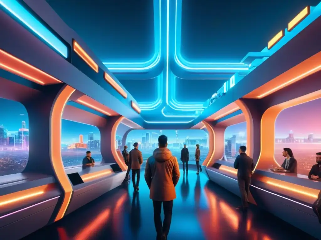 Comunidad virtual de nootrópicos: Futurista e innovadora Futurista comunidad virtual de nootrópicos con arquitectura minimalista, avatares diversos y luces de neón