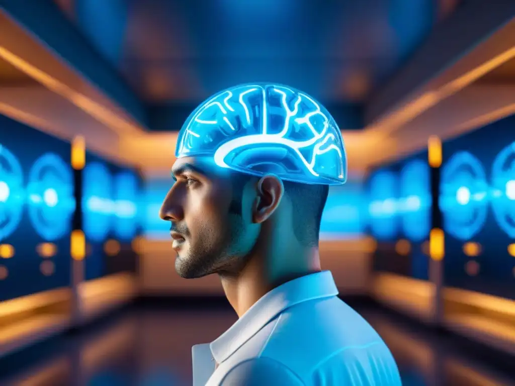 Laberinto cognitivo: Nootrópicos y redes neuronales en un entorno futurista Futurístico laboratorio con modelos de cerebro brillantes en suspensión