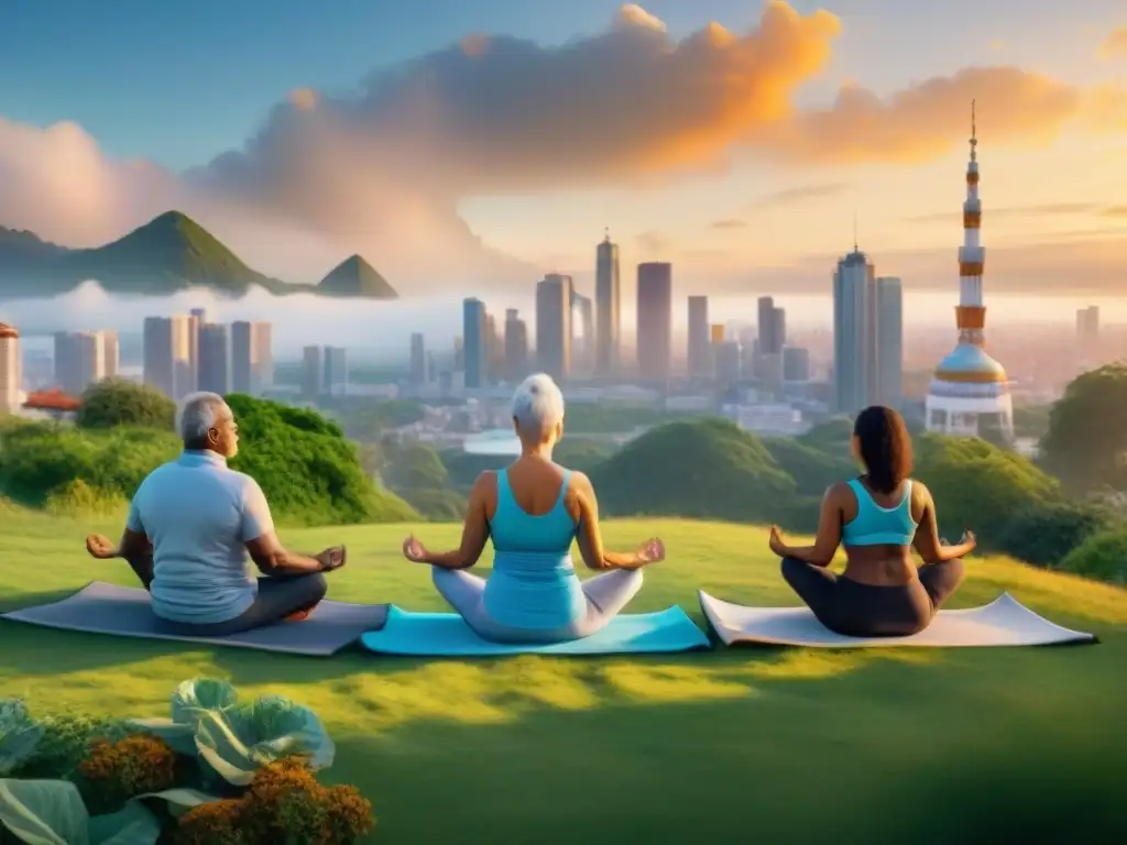 Vitalidad dorada: ancianos activos en ciudad futurista al atardecer Un grupo diverso de ancianos disfruta de diversas actividades en una ciudad futurista al atardecer, mostrando vitalidad y alegría