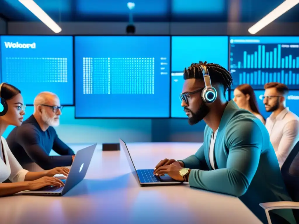 Trabajo colaborativo futurista potenciado por nootrópicos Un grupo diverso desafía mitos comunes nootrópicos seguro efectivo en futurista espacio de trabajo tecnológico