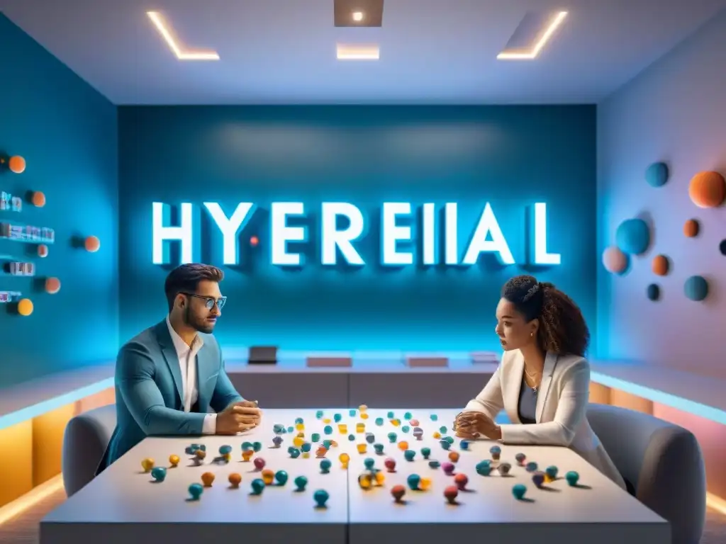 Escena futurista de estudio y creatividad con suplementos nootrópicos Un grupo diverso de profesionales y estudiantes se sumerge en sesiones de estudio y lluvia de ideas rodeados de nootrópicos en una sala futurista