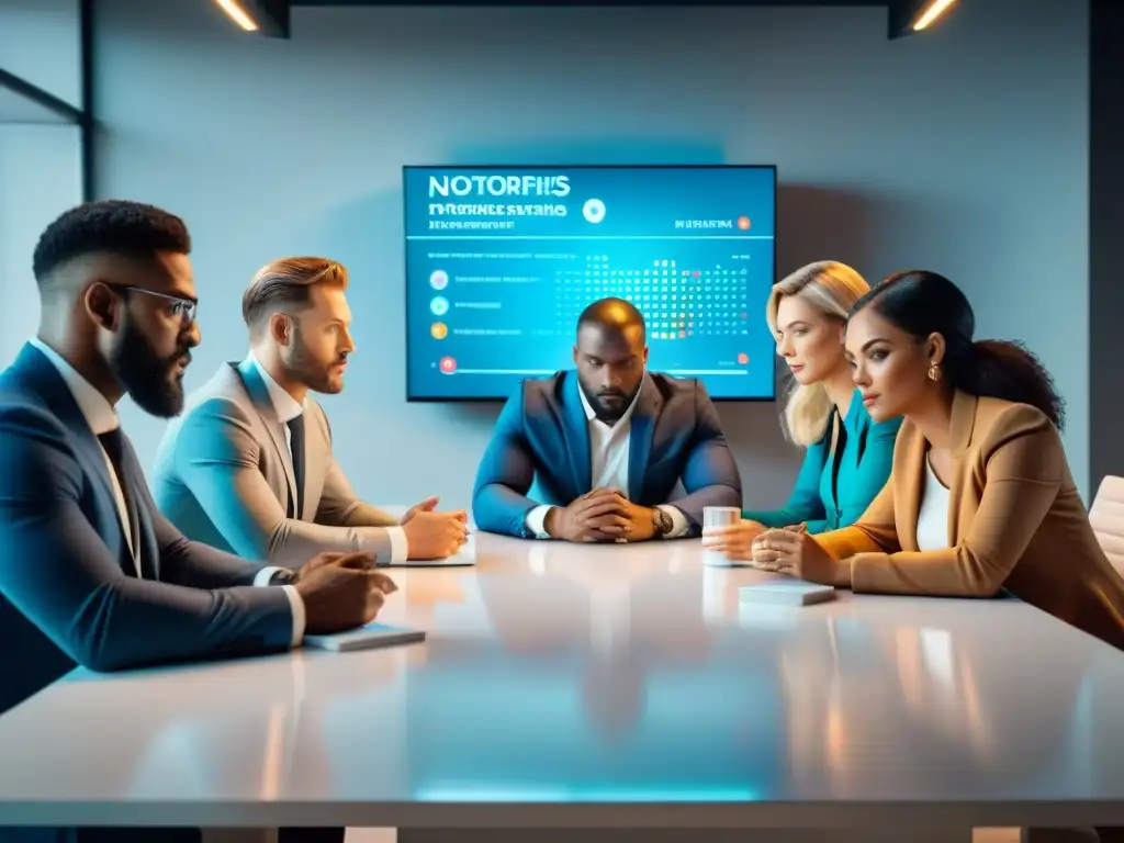 Profesionales en reunión analizando nootrópicos en oficina moderna Un grupo diverso de profesionales analiza de forma seria y colaborativa el uso seguro y efectivo de nootrópicos en una oficina moderna