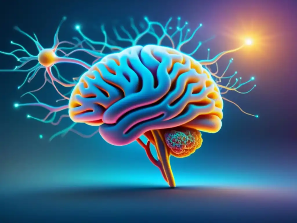 Red de neuronas vibrante: nootrópicos naturales para la mente Una ilustración detallada y vibrante de una red de neuronas interconectadas en el cerebro, resaltando el diseño moderno y elegante de cada una