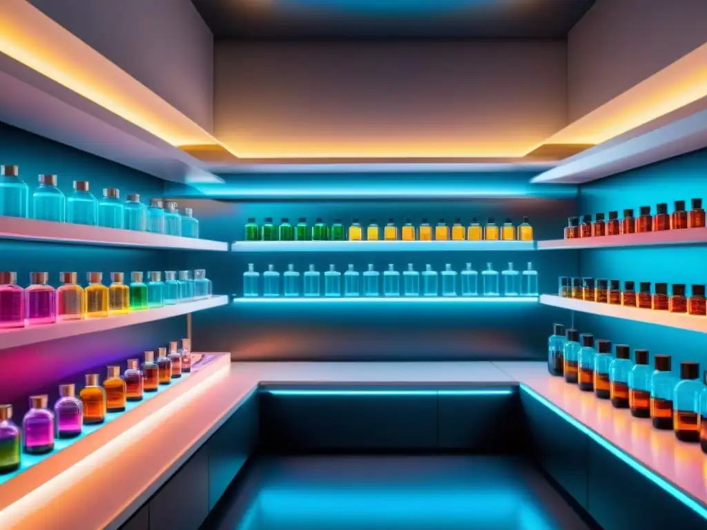 Laboratorio del Futuro: Viales Noótropicos de Alta Calidad Un laboratorio futurista con brillantes nootrópicos de calidad en estantes y pantallas digitales de datos científicos