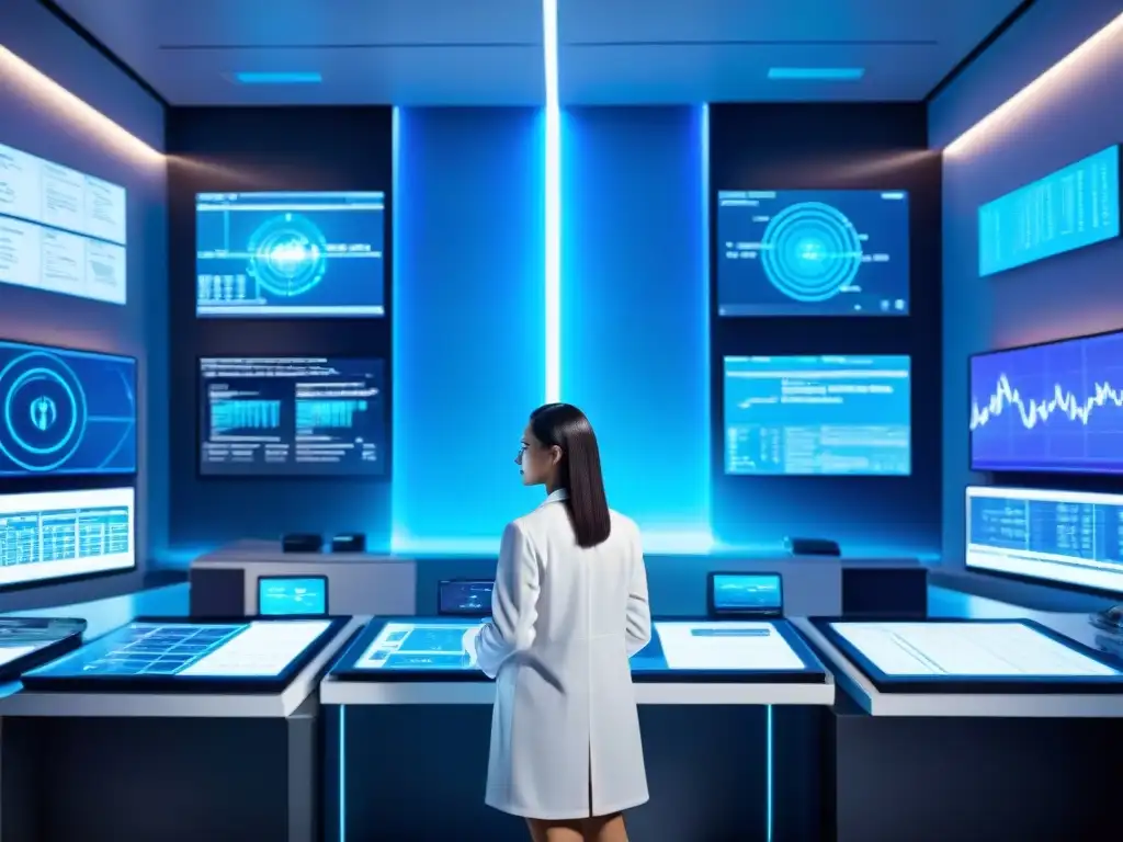 Avanzada investigación en longevidad y nootrópicos Un laboratorio futurista con científicos analizando datos sobre nootrópicos para longevidad saludable en pantallas luminosas azules
