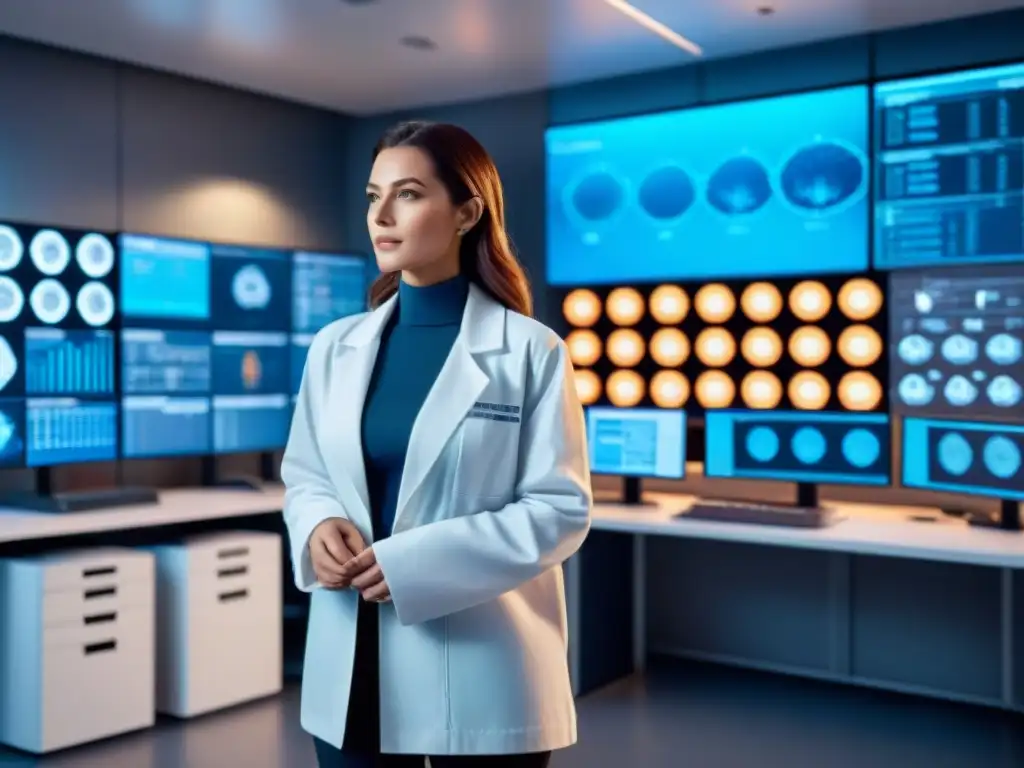 Lab de alta tecnología: análisis de nootrópicos seguros y potentes Un laboratorio futurista con científicos analizando datos de nootrópicos seguros y efectivos, rodeados de tecnología de punta