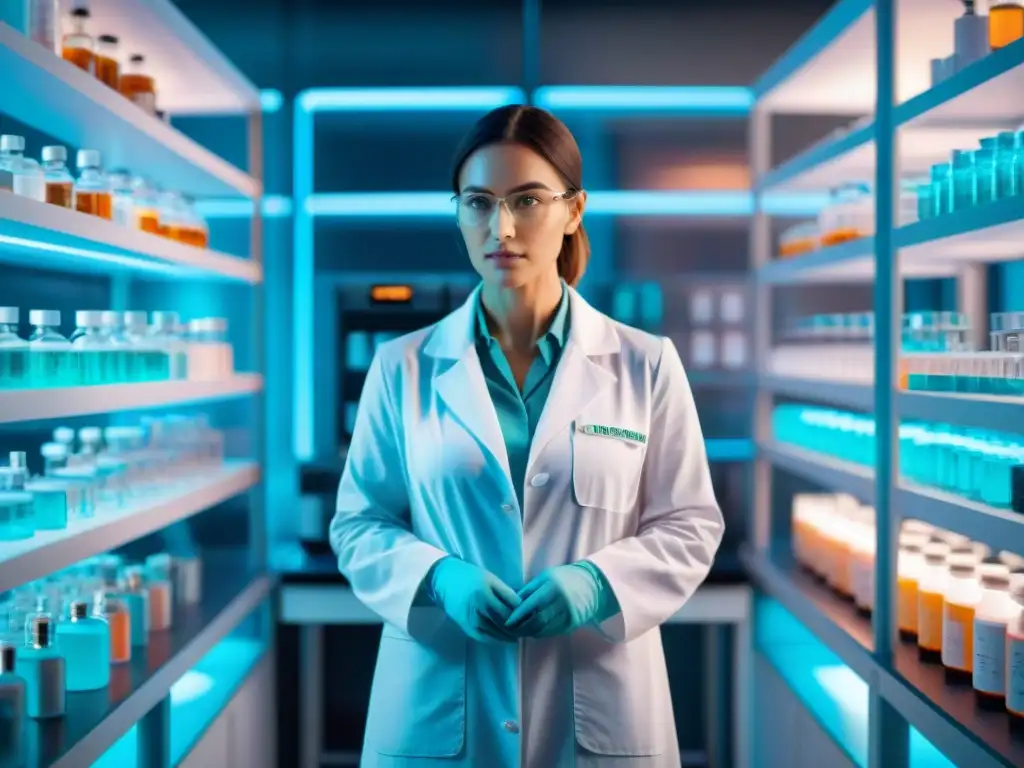 Lab futurista con científicos investigando nootrópicos En un laboratorio futurista, científicos analizan datos en pantallas transparentes, rodeados de cápsulas cerebrales y tubos brillantes