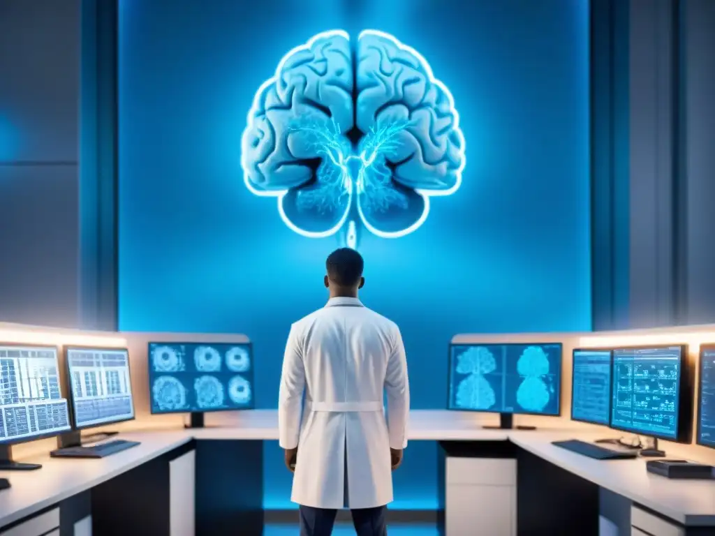 Lab de Investigación en Nootrópicos: Ciencia Futurista y Cerebros Brillantes Un laboratorio futurista con científicos analizando datos sobre nootrópicos, rodeados de tecnología avanzada y un modelo de cerebro brillante