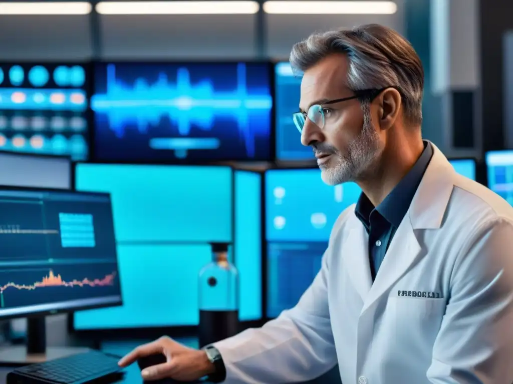 Lab futurista: investigadores descubren secretos antienvejecimiento Un laboratorio futurista con científicos investigando nootrópicos para longevidad saludable