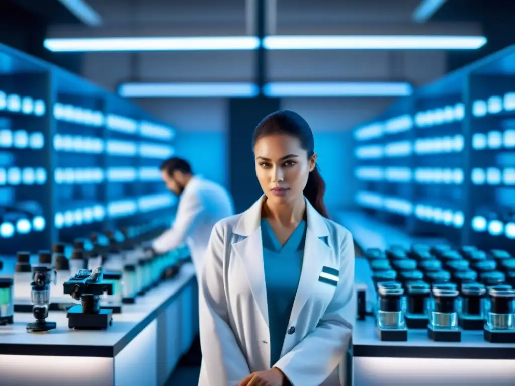 Avanzado laboratorio de nootrópicos: científicos expertos en acción Un laboratorio futurista con científicos analizando nootrópicos seguros y efectivos bajo microscopios avanzados, iluminado por luces LED azules