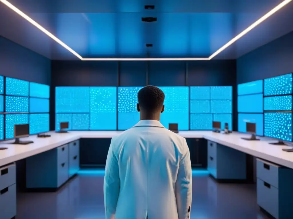 Lab futurista: nootrópicos en alta definición Un laboratorio futurista con científicos analizando nootrópicos