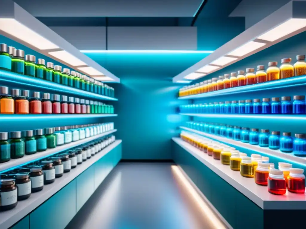 Laboratorio futurista de nootrópicos: ciencia innovadora y precisión Un laboratorio futurista y detallado con frascos brillantes de nootrópicos seguros y efectivos, dosificando con precisión cápsulas de alta tecnología