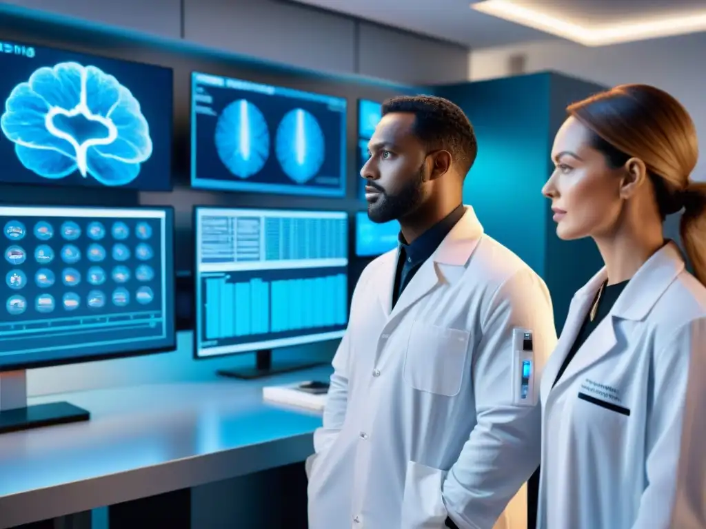 Lab de nootrópicos: alta tecnología para potenciar el cerebro Un laboratorio futurista detallado con investigadores analizando nootrópicos seguros y efectivos