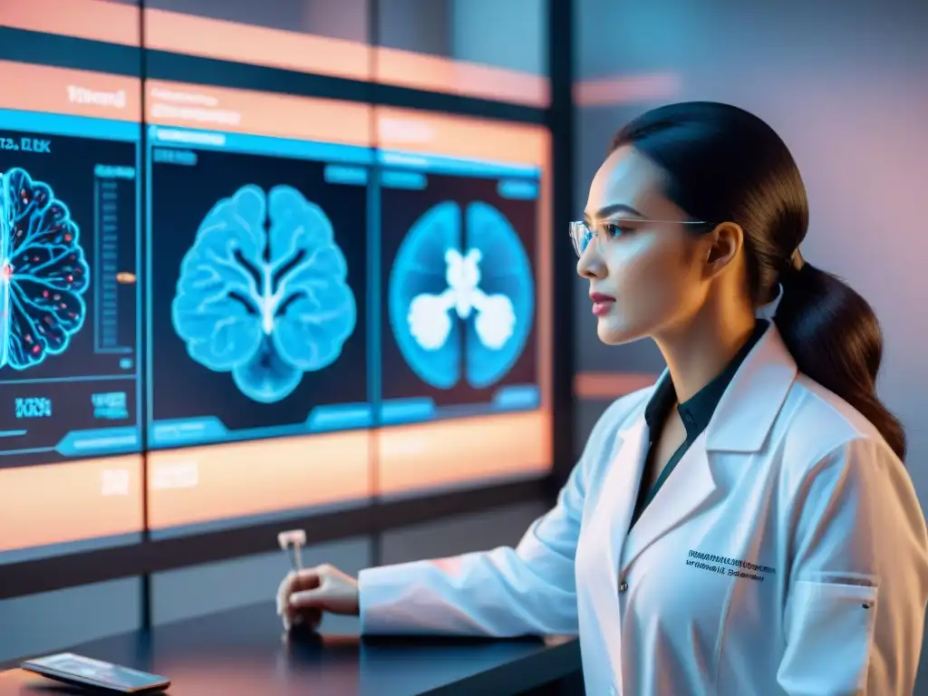 Lab de Nootrópicos: Innovación Cognitiva y Avanzada Tecnología Un laboratorio futurista y elegante donde científicos interpretan estudios nootrópicos para mejorar la cognición