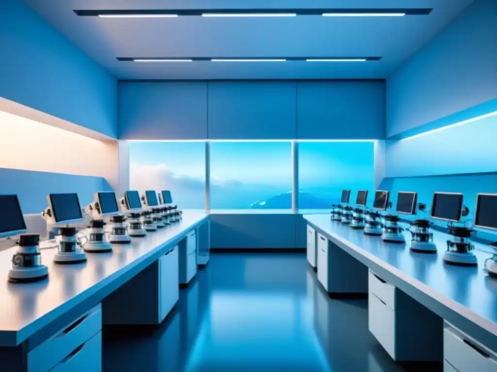 Laboratorio futurista con equipamiento científico avanzado en luz azul Un laboratorio futurista y elegante con equipo científico avanzado, iluminado en azul suave