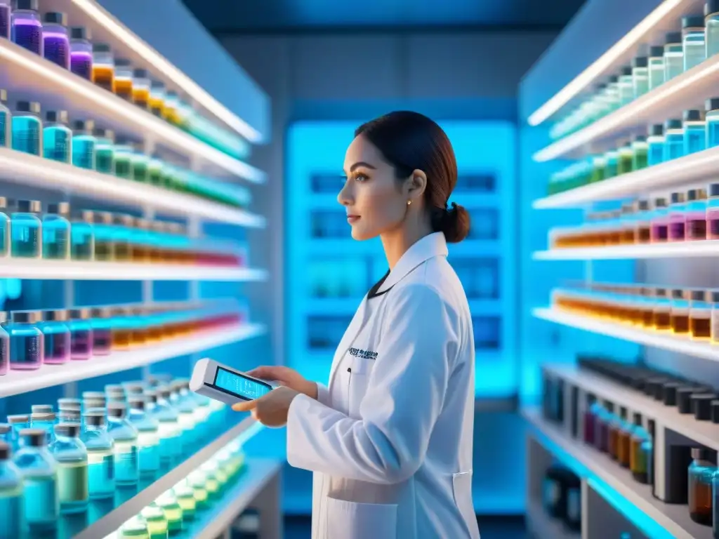 Lab nootrópicos: investigación avanzada para potenciar la cognición Un laboratorio futurista con estantes llenos de frascos de nootrópicos
