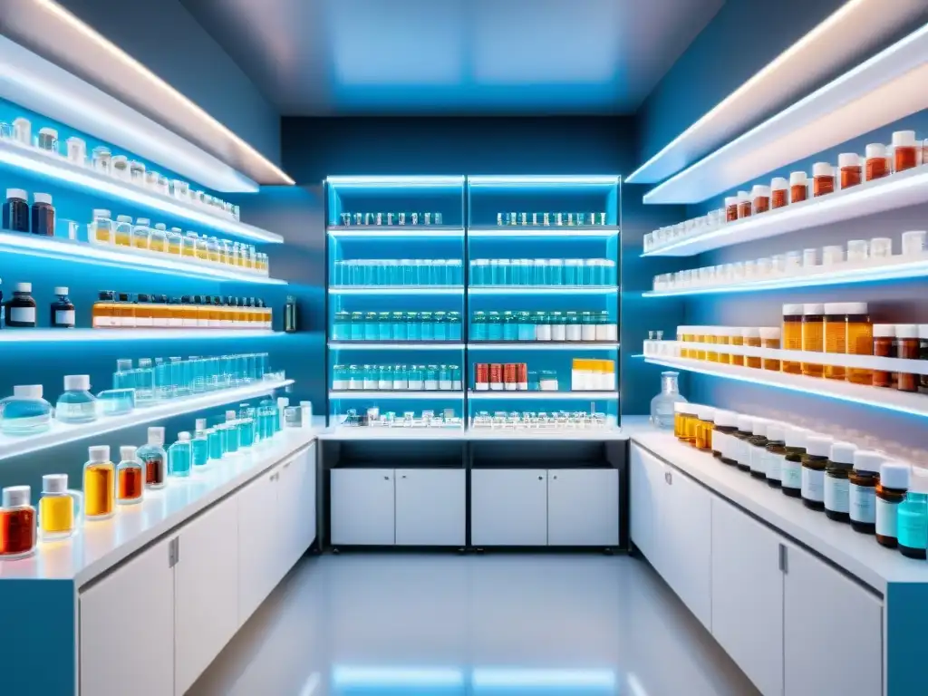 Lab futurista con nootrópicos: innovación en HD Un laboratorio futurista con estantes llenos de nootrópicos coloridos