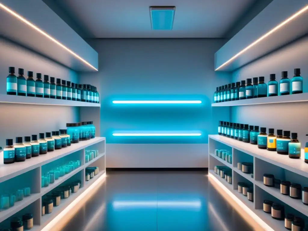 Laboratorio futurista con nootrópicos premium en elegante envase Un laboratorio futurista con estantes llenos de nootrópicos de calidad en envases elegantes y brillantes, iluminado con LED blanco
