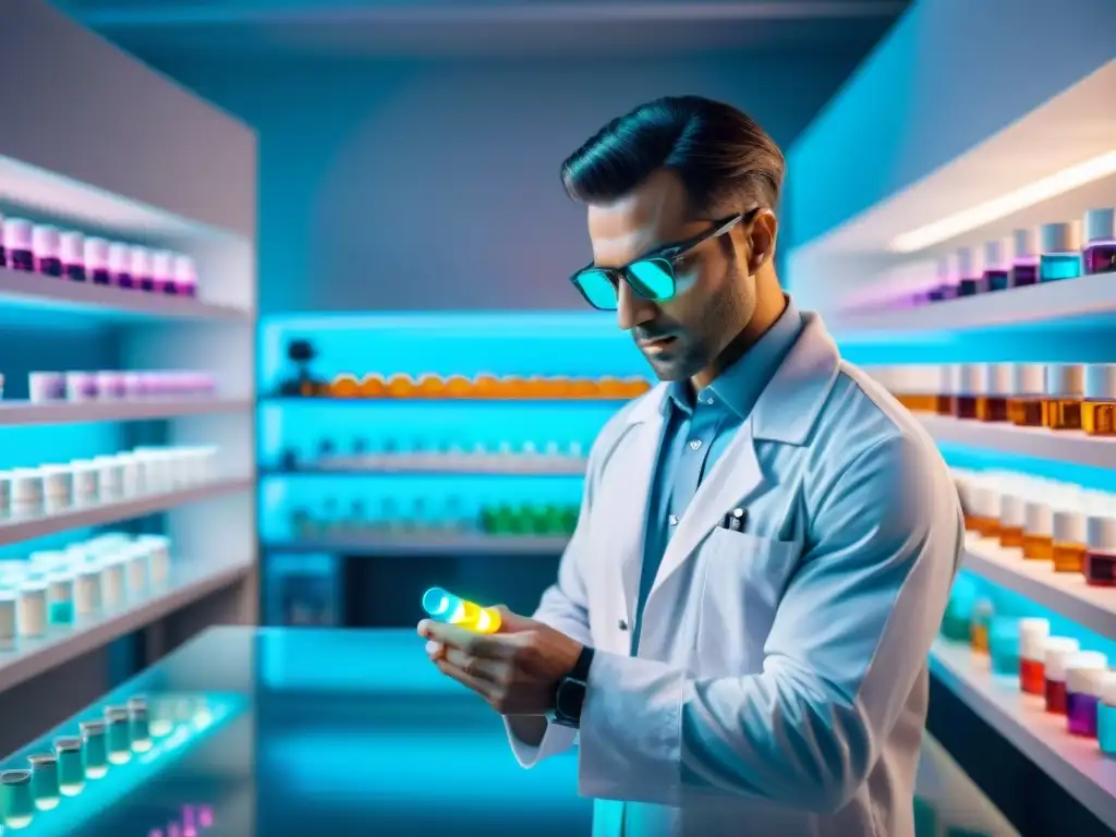 Laboratorio futurista con pastillas nootrópicas sintéticas brillantes Un laboratorio futurista con estantes llenos de pastillas nootrópicas sintéticas, iluminadas por una luz ambiental suave